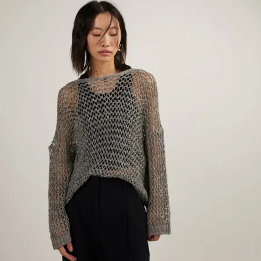 OAK + FORT Long Sleeve Crochet Sweater in Grey